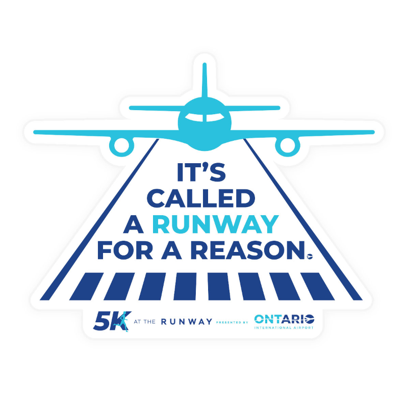 Blue airplane graphic with text 'It's called a runway for a reason' on a white background, featuring 5K at the Runway event by Ontario.